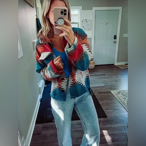 NWOT SHEIN Lune Multicolour Geo Print Drop Shoulder Flap Pocket Overcoat Size S - Picture 7 of 15